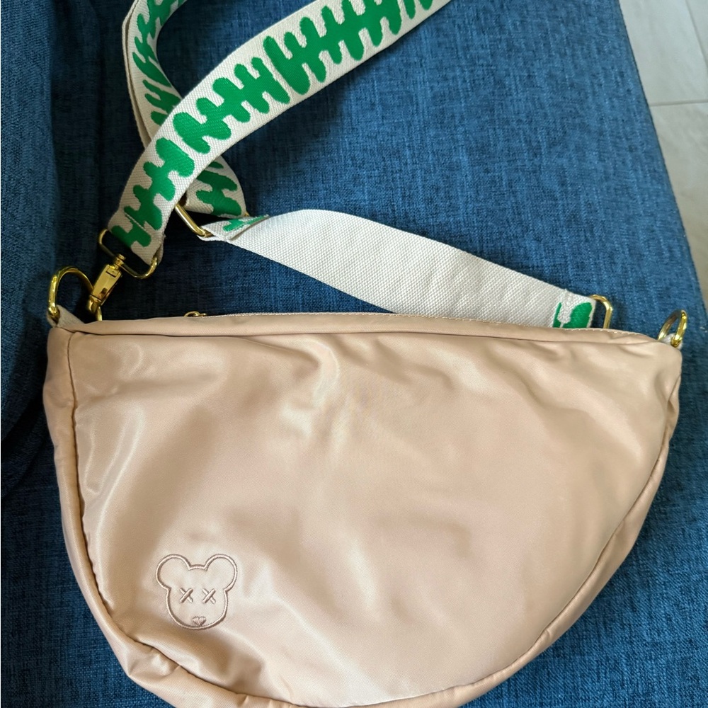 Beige Crossbody Bag with Green Strap